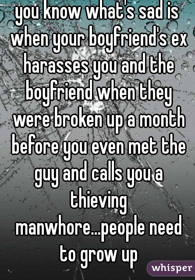 you know what's sad is when your boyfriend's ex harasses you and the boyfriend when they were broken up a month before you even met the guy and calls you a thieving manwhore...people need to grow up