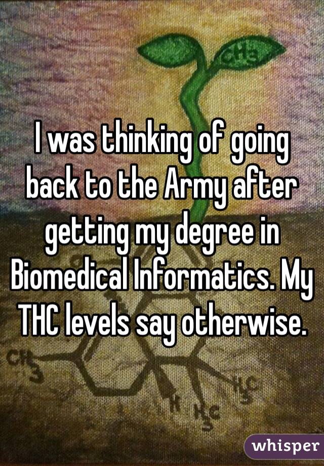 I was thinking of going back to the Army after getting my degree in Biomedical Informatics. My THC levels say otherwise.