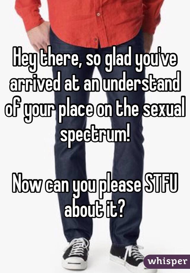 Hey there, so glad you've arrived at an understand of your place on the sexual spectrum!

Now can you please STFU about it?