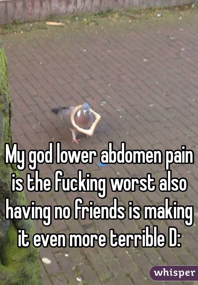 My god lower abdomen pain is the fucking worst also having no friends is making it even more terrible D: