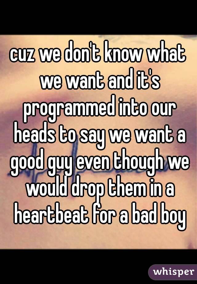cuz we don't know what we want and it's programmed into our heads to say we want a good guy even though we would drop them in a heartbeat for a bad boy