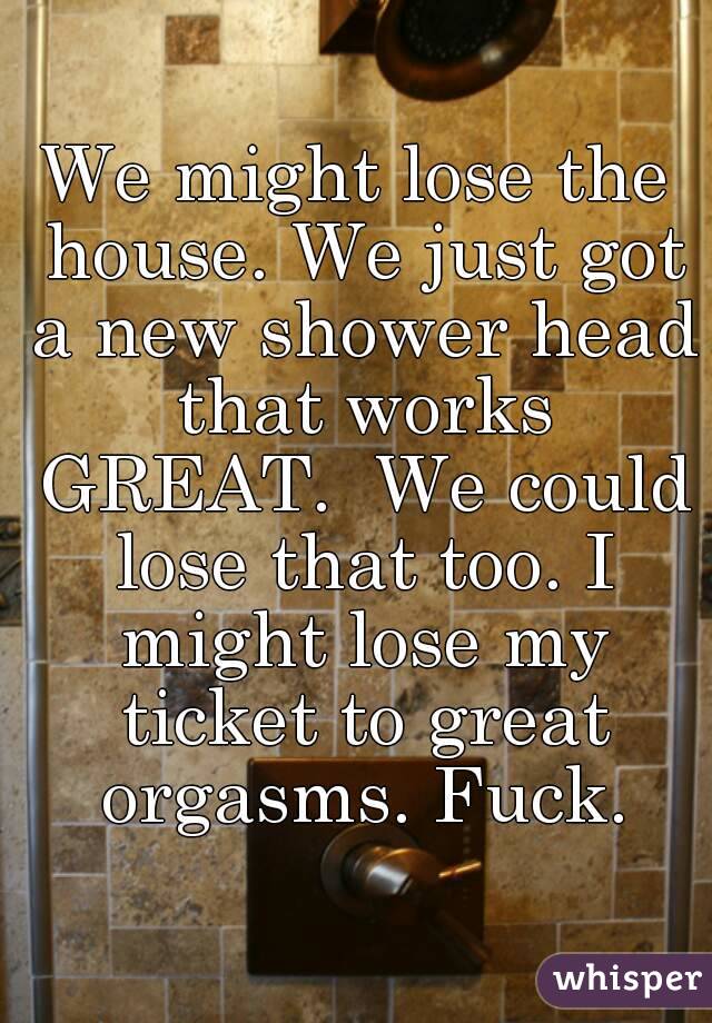 We might lose the house. We just got a new shower head that works GREAT.  We could lose that too. I might lose my ticket to great orgasms. Fuck.