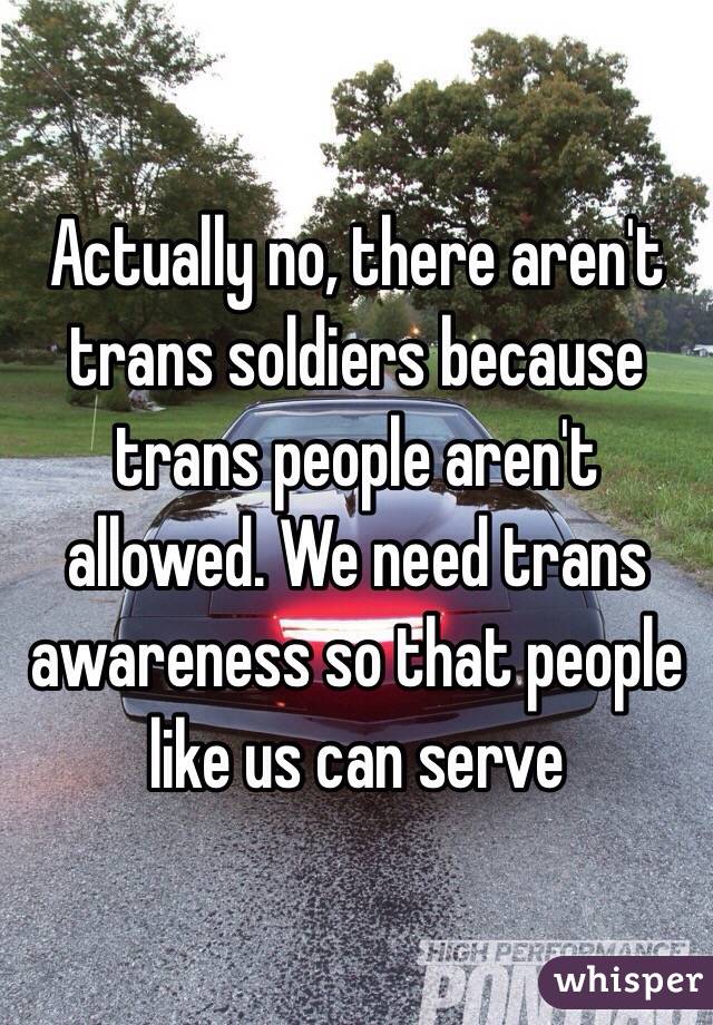 Actually no, there aren't trans soldiers because trans people aren't allowed. We need trans awareness so that people like us can serve