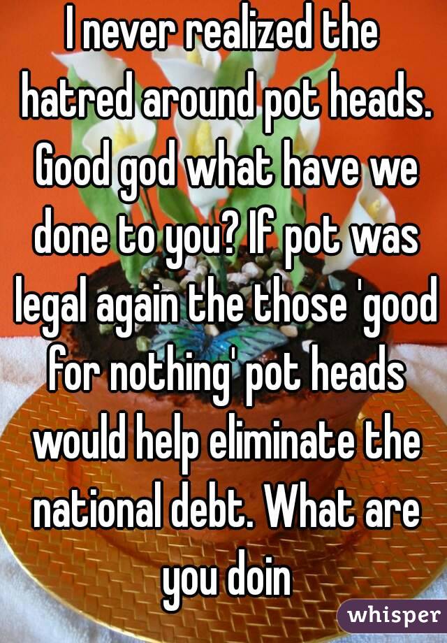 I never realized the hatred around pot heads. Good god what have we done to you? If pot was legal again the those 'good for nothing' pot heads would help eliminate the national debt. What are you doin