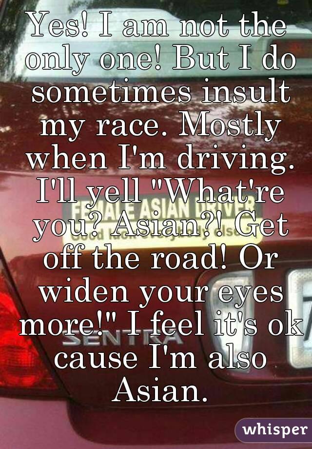 Yes! I am not the only one! But I do sometimes insult my race. Mostly when I'm driving. I'll yell "What're you? Asian?! Get off the road! Or widen your eyes more!" I feel it's ok cause I'm also Asian.