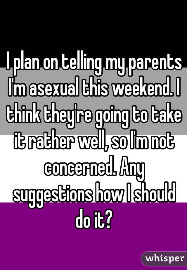 I plan on telling my parents I'm asexual this weekend. I think they're going to take it rather well, so I'm not concerned. Any suggestions how I should do it?