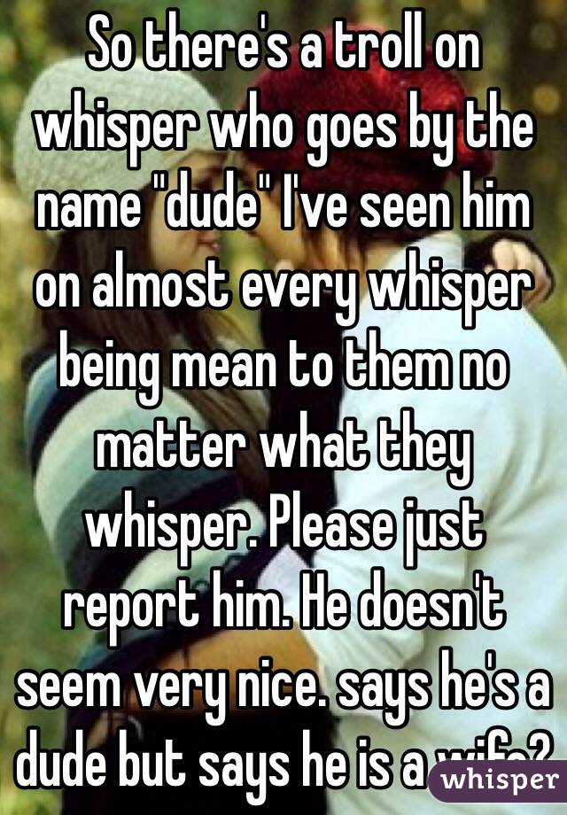 So there's a troll on whisper who goes by the name "dude" I've seen him on almost every whisper being mean to them no matter what they whisper. Please just report him. He doesn't seem very nice. says he's a dude but says he is a wife?