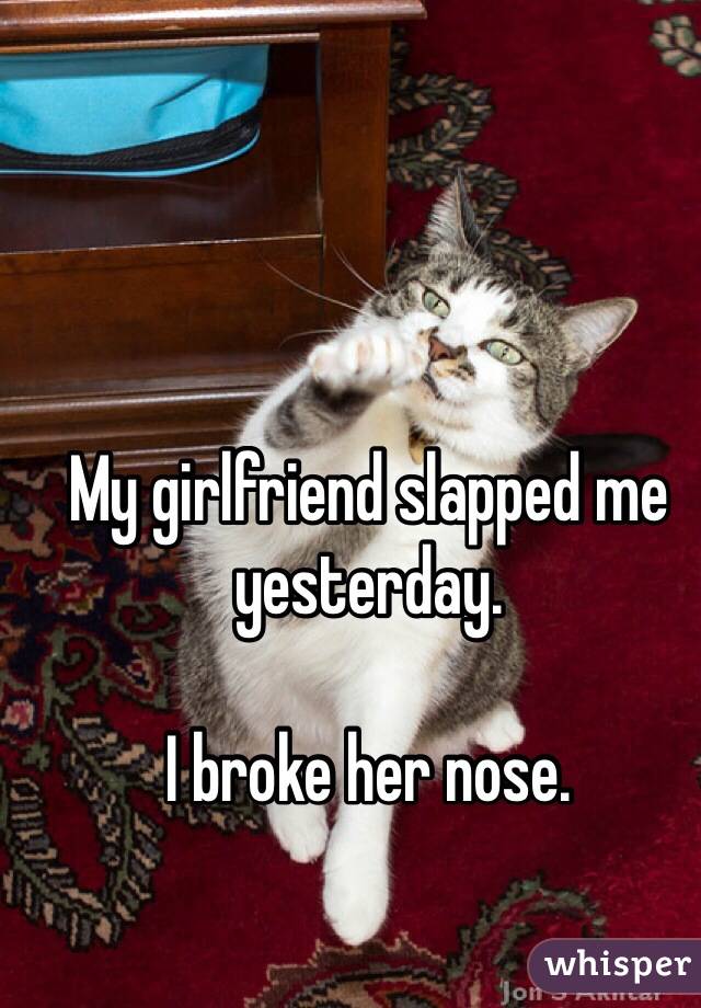 My girlfriend slapped me yesterday. 

I broke her nose.