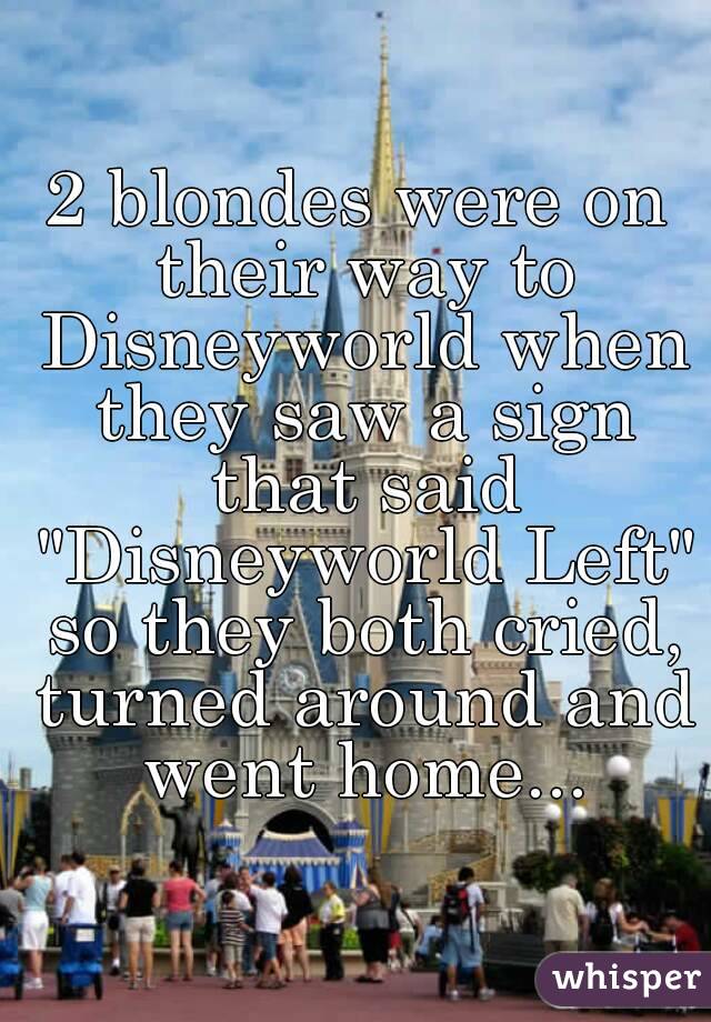 2 blondes were on their way to Disneyworld when they saw a sign that said "Disneyworld Left" so they both cried, turned around and went home...
