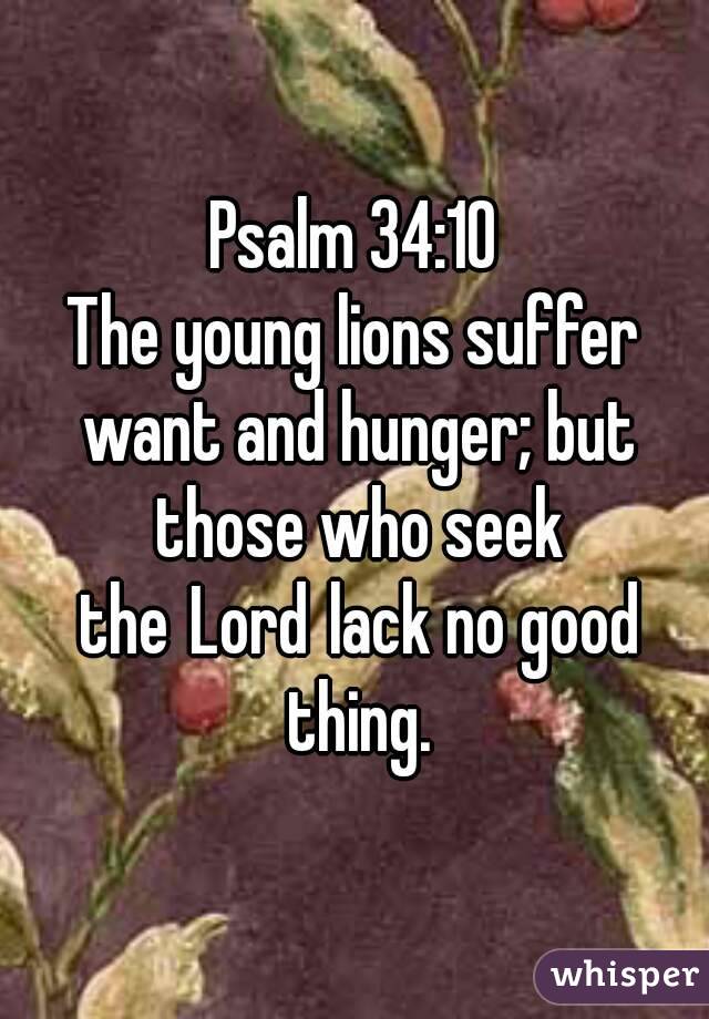 Psalm 34:10
The young lions suffer want and hunger; but those who seek the Lord lack no good thing.