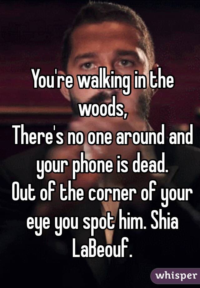 You're walking in the woods,
There's no one around and your phone is dead.
Out of the corner of your eye you spot him. Shia LaBeouf.