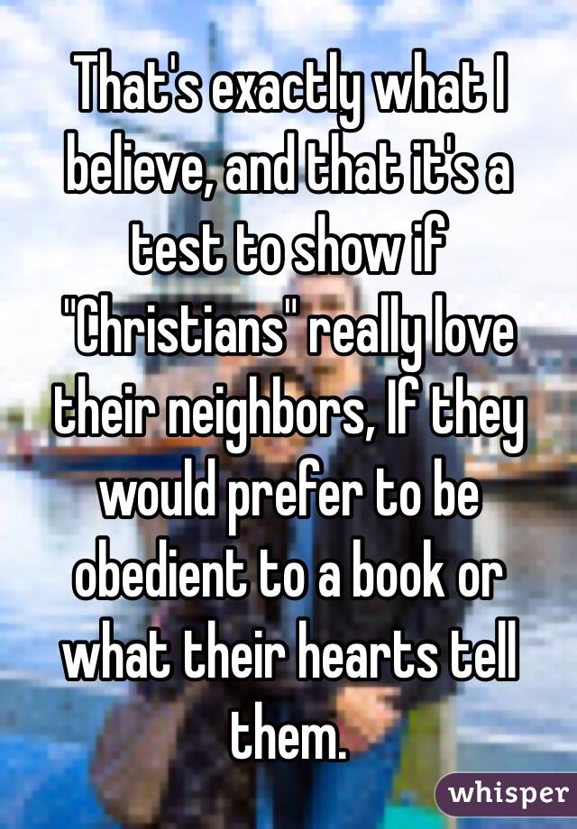 That's exactly what I believe, and that it's a test to show if "Christians" really love their neighbors, If they would prefer to be obedient to a book or what their hearts tell them. 