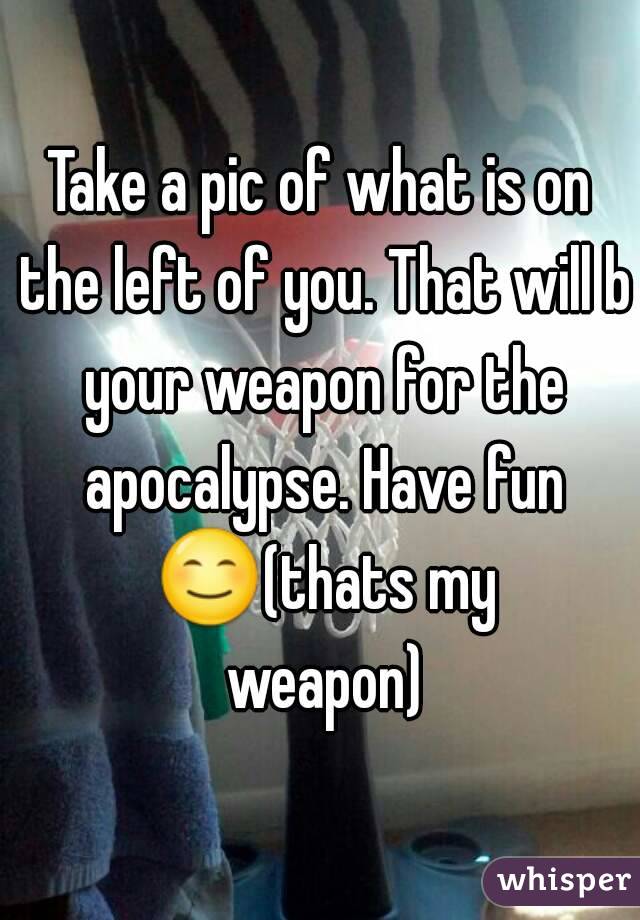 Take a pic of what is on the left of you. That will b your weapon for the apocalypse. Have fun 😊(thats my weapon)