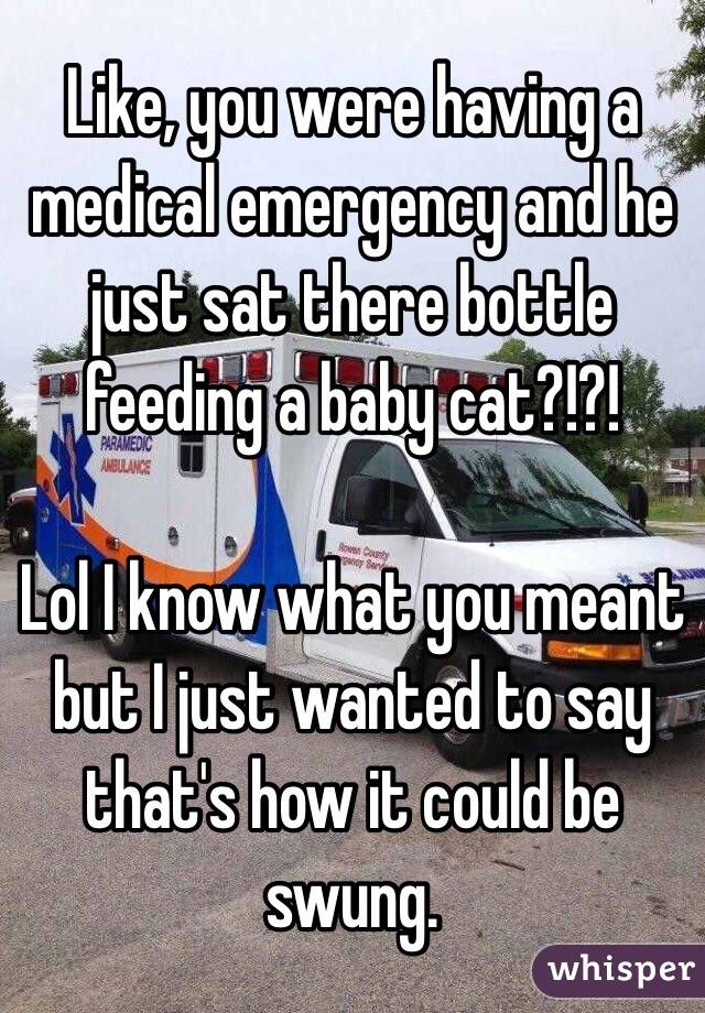 Like, you were having a medical emergency and he just sat there bottle feeding a baby cat?!?!

Lol I know what you meant but I just wanted to say that's how it could be swung. 