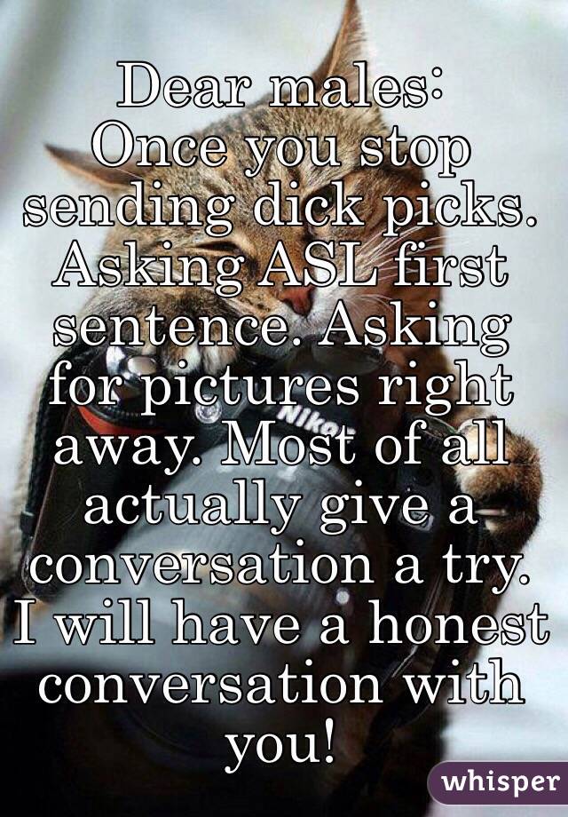Dear males: 
Once you stop sending dick picks. Asking ASL first sentence. Asking for pictures right away. Most of all actually give a conversation a try. I will have a honest conversation with you! 