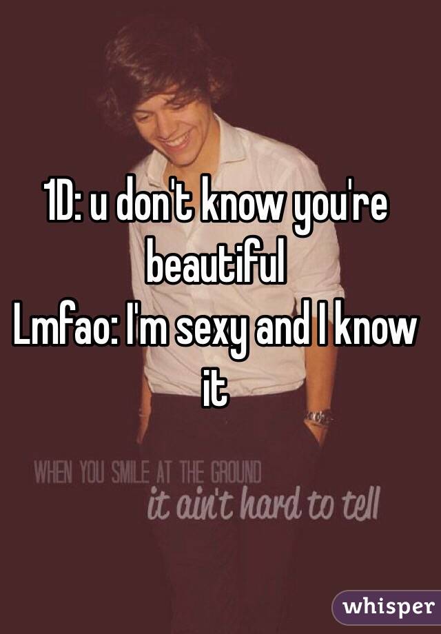 1D: u don't know you're beautiful
Lmfao: I'm sexy and I know it 