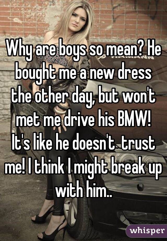 Why are boys so mean? He bought me a new dress the other day, but won't met me drive his BMW! 
It's like he doesn't  trust me! I think I might break up with him..