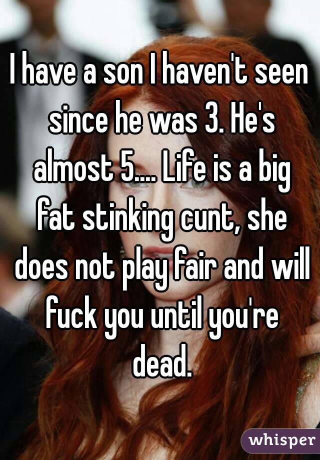 I have a son I haven't seen since he was 3. He's almost 5.... Life is a big fat stinking cunt, she does not play fair and will fuck you until you're dead.

