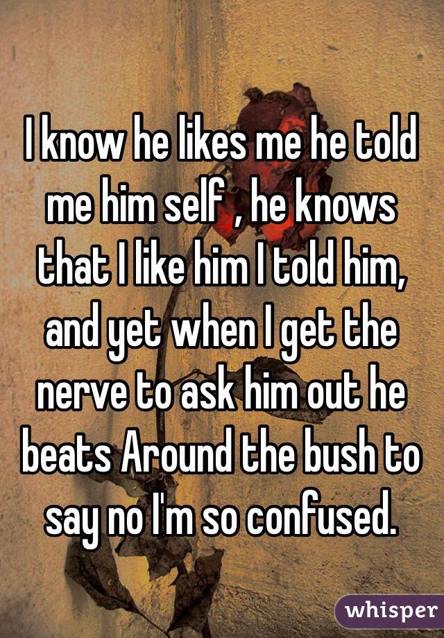 I know he likes me he told me him self , he knows that I like him I told him, and yet when I get the nerve to ask him out he beats Around the bush to say no I'm so confused. 