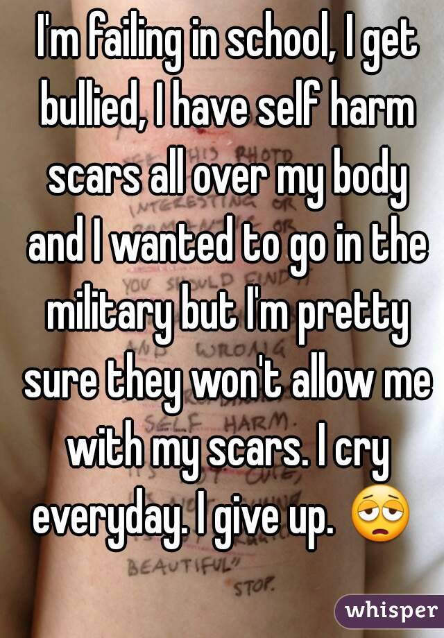  I'm failing in school, I get bullied, I have self harm scars all over my body and I wanted to go in the military but I'm pretty sure they won't allow me with my scars. I cry everyday. I give up. 😩  