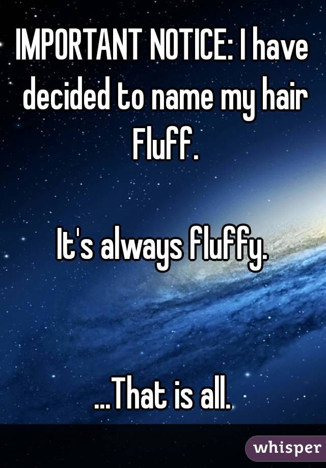 IMPORTANT NOTICE: I have decided to name my hair Fluff.

It's always fluffy.


...That is all.