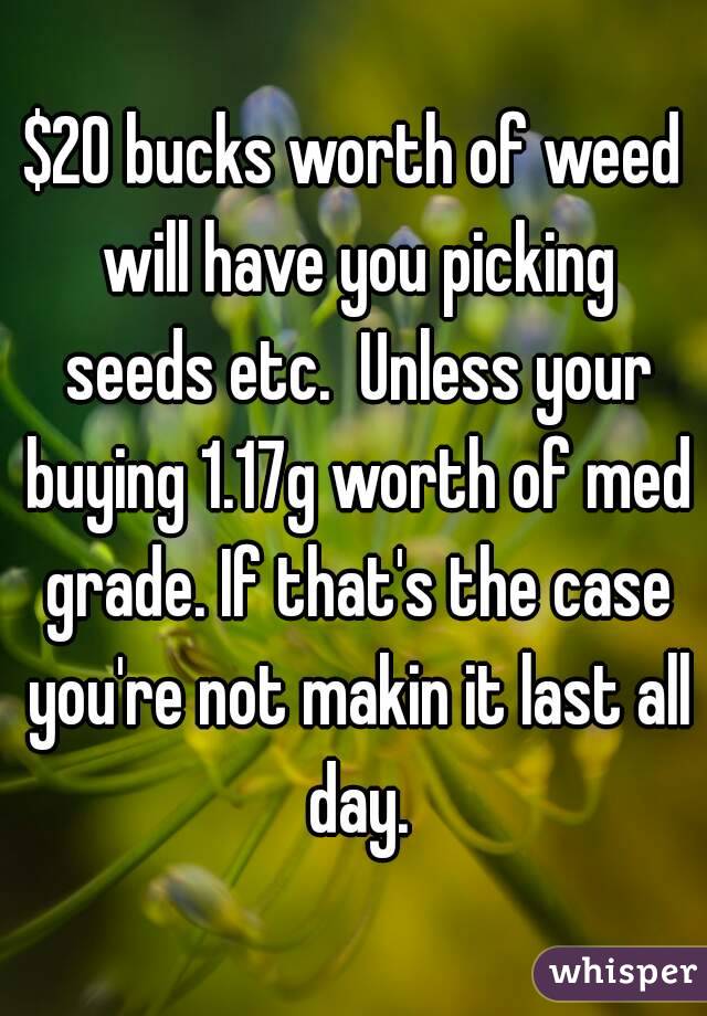 $20 bucks worth of weed will have you picking seeds etc.  Unless your buying 1.17g worth of med grade. If that's the case you're not makin it last all day.