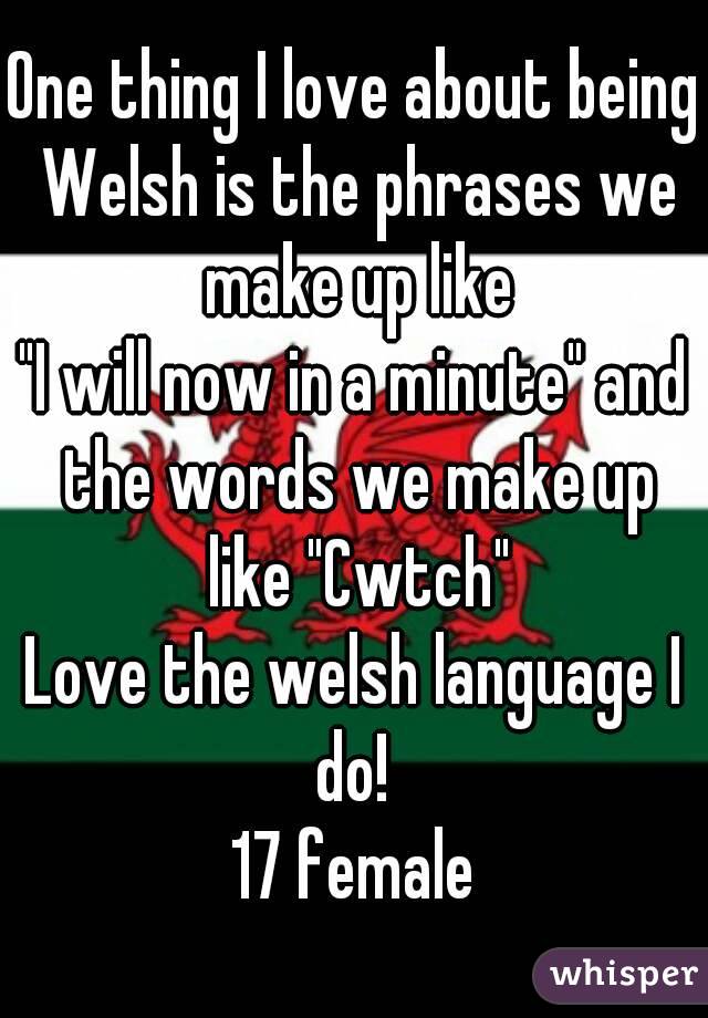 One thing I love about being Welsh is the phrases we make up like
"I will now in a minute" and the words we make up like "Cwtch"
Love the welsh language I do! 
17 female