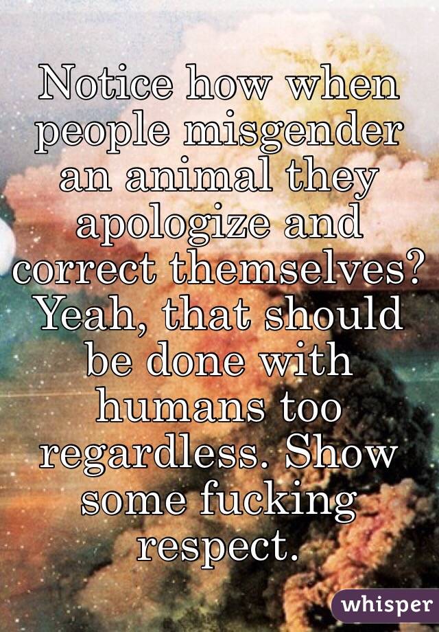 Notice how when people misgender an animal they apologize and correct themselves? Yeah, that should be done with humans too regardless. Show some fucking respect. 
