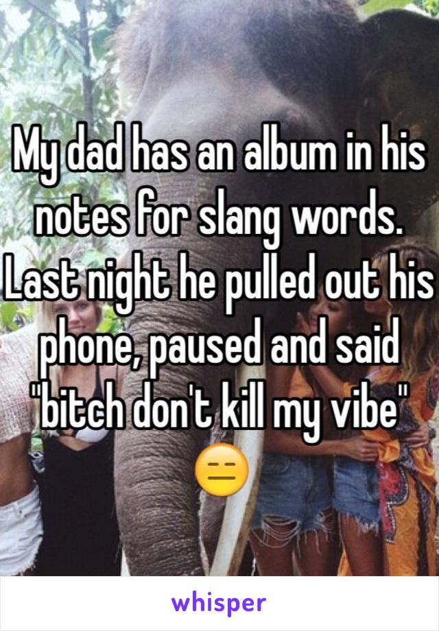 My dad has an album in his notes for slang words. Last night he pulled out his phone, paused and said "bitch don't kill my vibe" 😑 