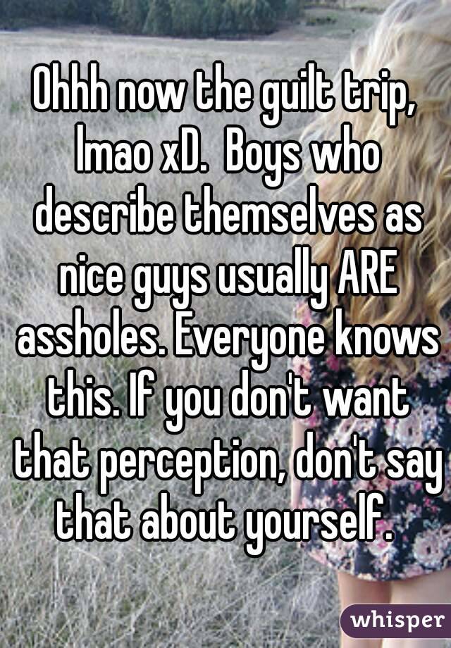 Ohhh now the guilt trip, lmao xD.  Boys who describe themselves as nice guys usually ARE assholes. Everyone knows this. If you don't want that perception, don't say that about yourself. 