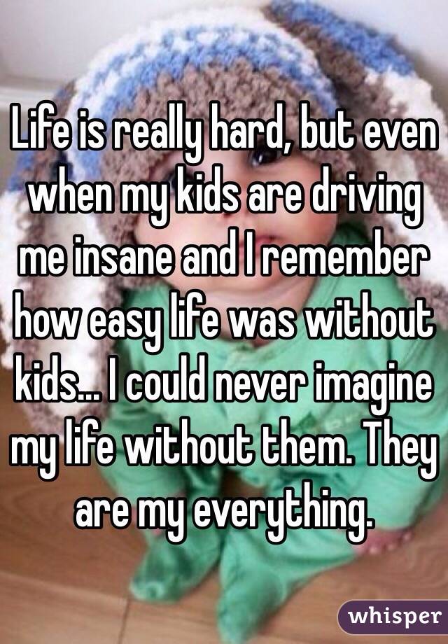 Life is really hard, but even when my kids are driving me insane and I remember how easy life was without kids... I could never imagine my life without them. They are my everything. 