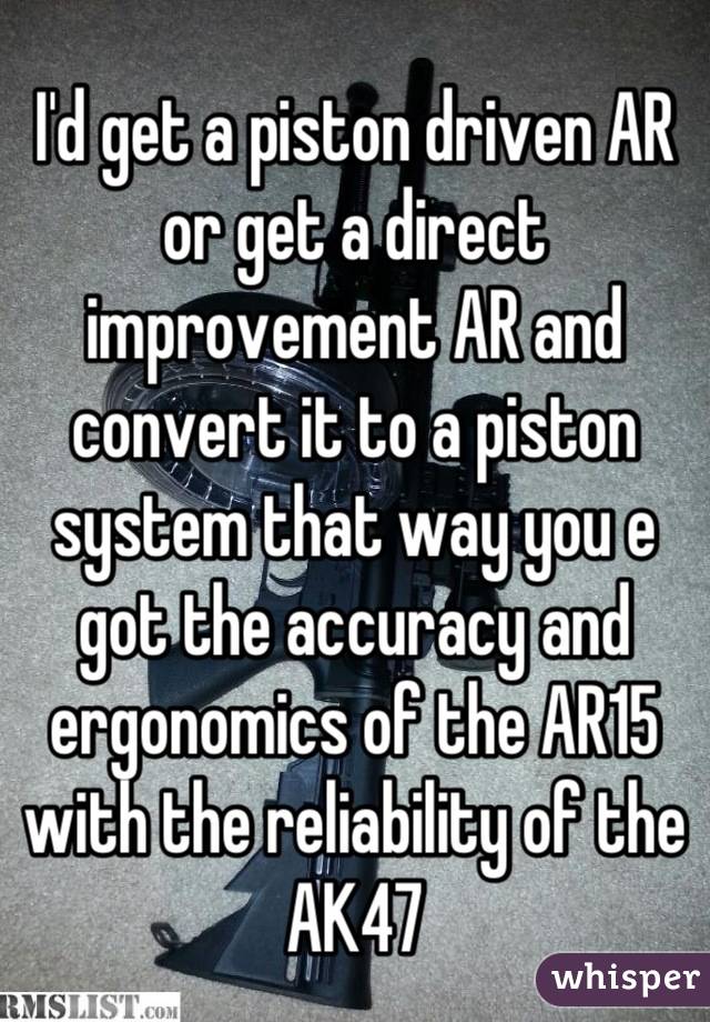I'd get a piston driven AR or get a direct improvement AR and convert it to a piston system that way you e got the accuracy and ergonomics of the AR15 with the reliability of the AK47