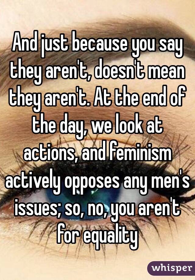 And just because you say they aren't, doesn't mean they aren't. At the end of the day, we look at actions, and feminism actively opposes any men's issues; so, no, you aren't for equality