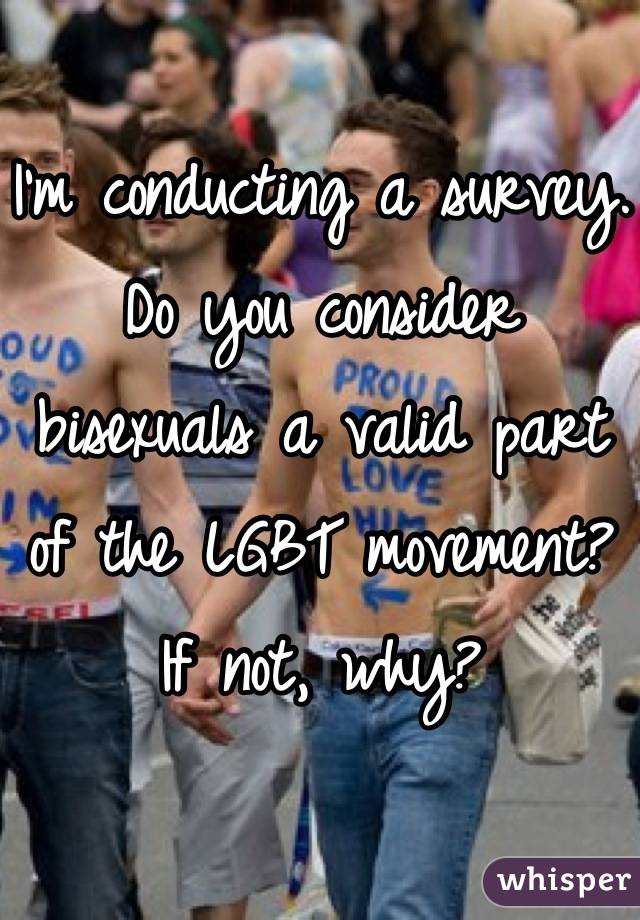 I'm conducting a survey. 
Do you consider bisexuals a valid part of the LGBT movement? If not, why?