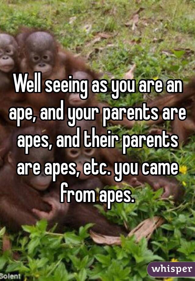Well seeing as you are an ape, and your parents are apes, and their parents are apes, etc. you came from apes. 