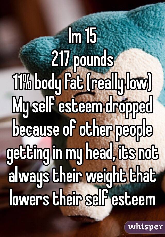 Im 15
217 pounds
11% body fat (really low)
My self esteem dropped because of other people getting in my head, its not always their weight that lowers their self esteem