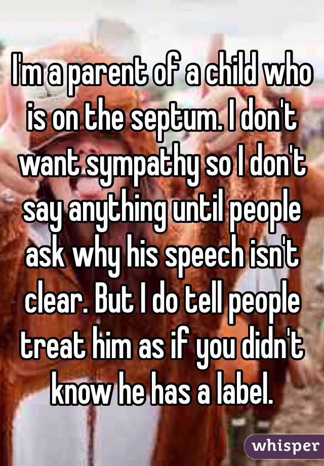 I'm a parent of a child who is on the septum. I don't want sympathy so I don't say anything until people ask why his speech isn't clear. But I do tell people treat him as if you didn't know he has a label.