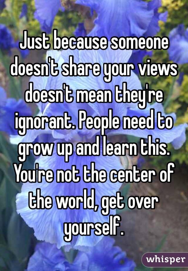 Just because someone doesn't share your views doesn't mean they're ignorant. People need to grow up and learn this. You're not the center of the world, get over yourself.