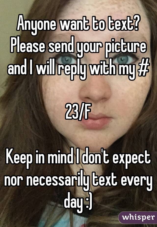 Anyone want to text? Please send your picture and I will reply with my #

23/F

Keep in mind I don't expect nor necessarily text every day :)
