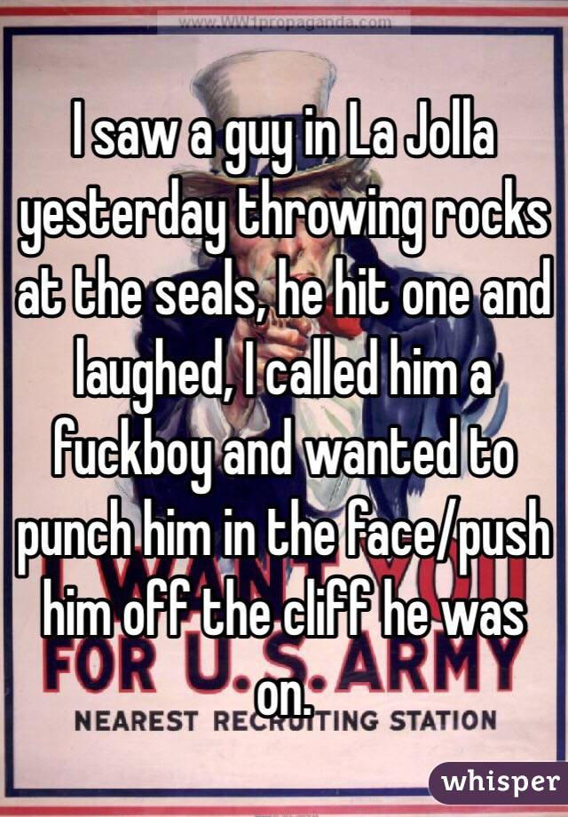 I saw a guy in La Jolla yesterday throwing rocks at the seals, he hit one and laughed, I called him a fuckboy and wanted to punch him in the face/push him off the cliff he was on. 