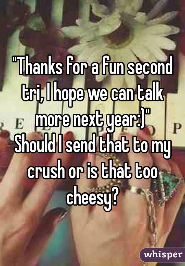"Thanks for a fun second tri, I hope we can talk more next year:)"
Should I send that to my crush or is that too cheesy?