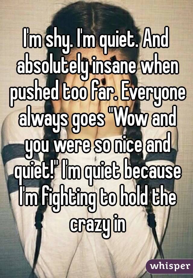 I'm shy. I'm quiet. And absolutely insane when pushed too far. Everyone always goes "Wow and you were so nice and quiet!" I'm quiet because I'm fighting to hold the crazy in