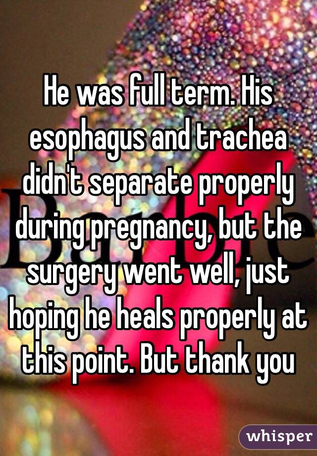He was full term. His esophagus and trachea didn't separate properly during pregnancy, but the surgery went well, just hoping he heals properly at this point. But thank you 