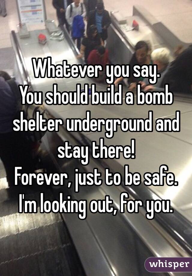 Whatever you say.
You should build a bomb shelter underground and stay there!
Forever, just to be safe.
I'm looking out, for you.