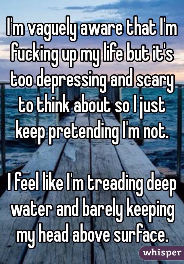 I'm vaguely aware that I'm fucking up my life but it's too depressing and scary to think about so I just keep pretending I'm not. 

I feel like I'm treading deep water and barely keeping my head above surface. 