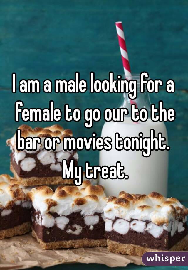 I am a male looking for a female to go our to the bar or movies tonight.  My treat.