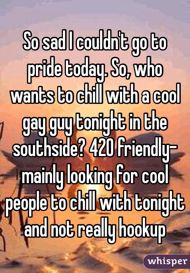 So sad I couldn't go to pride today. So, who wants to chill with a cool gay guy tonight in the southside? 420 friendly- mainly looking for cool people to chill with tonight and not really hookup 