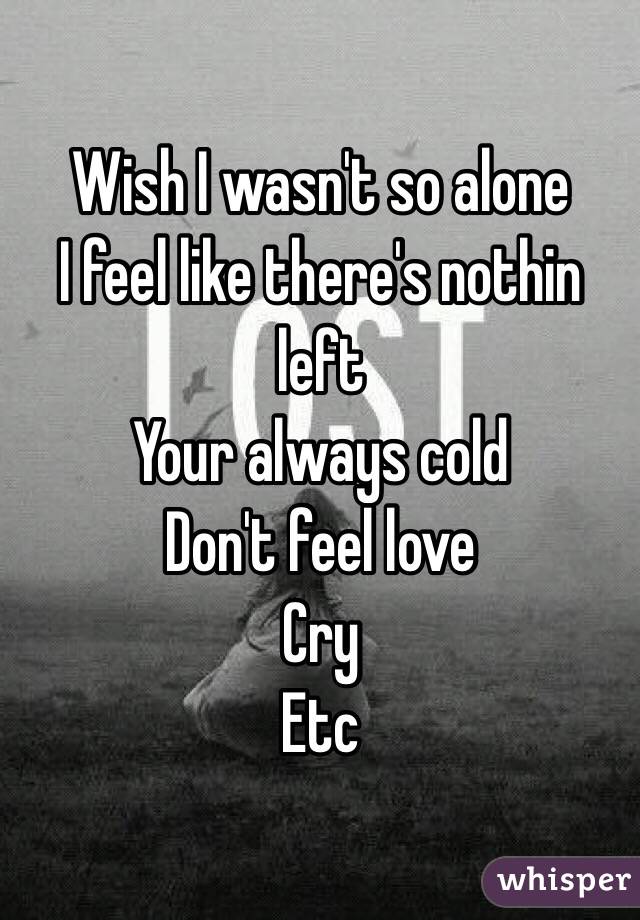 Wish I wasn't so alone 
I feel like there's nothin left 
Your always cold 
Don't feel love
Cry 
Etc