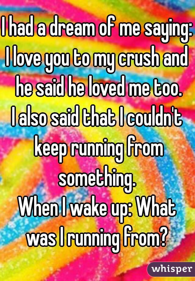 I had a dream of me saying:
I love you to my crush and he said he loved me too.
I also said that I couldn't keep running from something. 
When I wake up: What was I running from? 