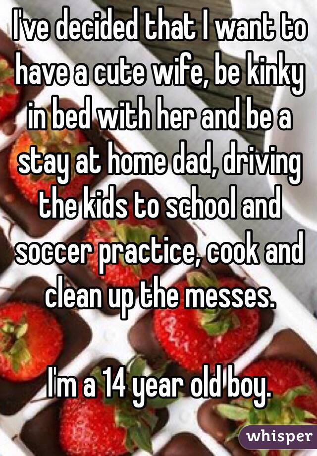 I've decided that I want to have a cute wife, be kinky in bed with her and be a stay at home dad, driving the kids to school and soccer practice, cook and clean up the messes.

I'm a 14 year old boy.